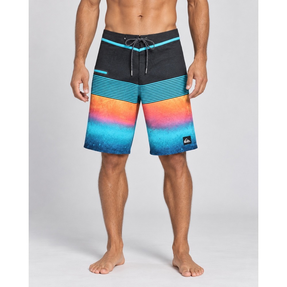 Quiksilver Mens Board Shorts Size 33 Black Blue Orange Striped Gradient Swim
